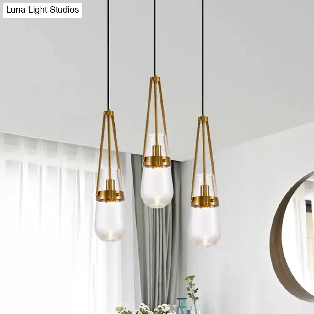 Postmodern Blue and Clear Glass Dining Room Pendant Light with Brass Gripper