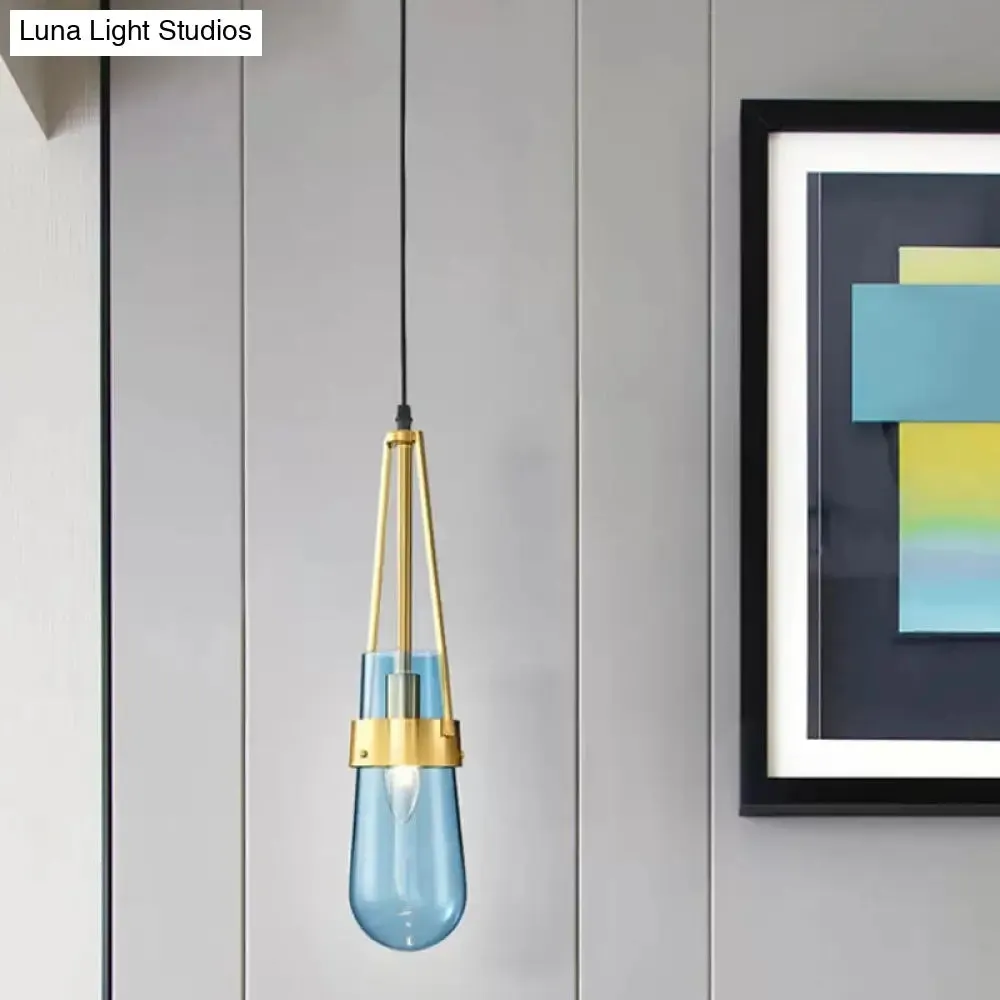 Postmodern Blue and Clear Glass Dining Room Pendant Light with Brass Gripper