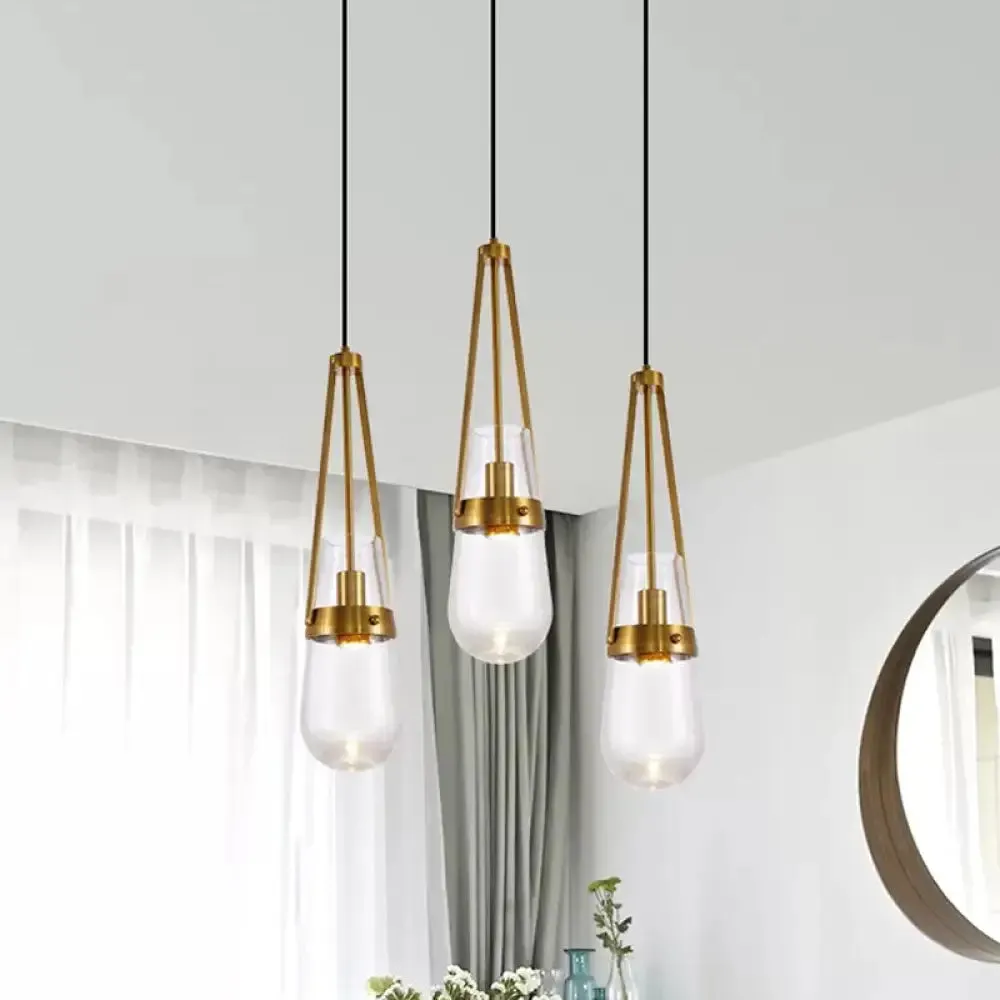 Postmodern Blue and Clear Glass Dining Room Pendant Light with Brass Gripper