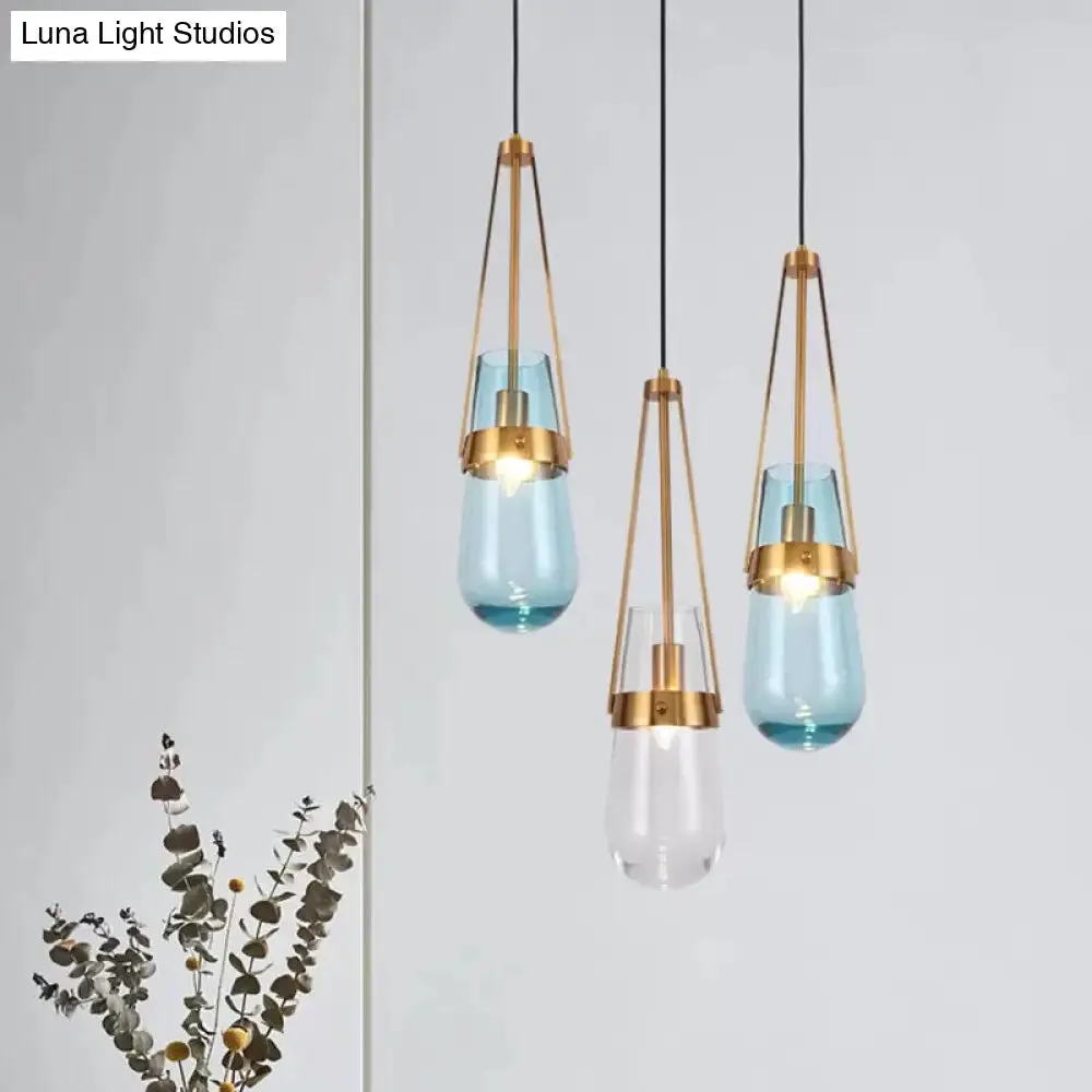 Postmodern Blue and Clear Glass Dining Room Pendant Light with Brass Gripper
