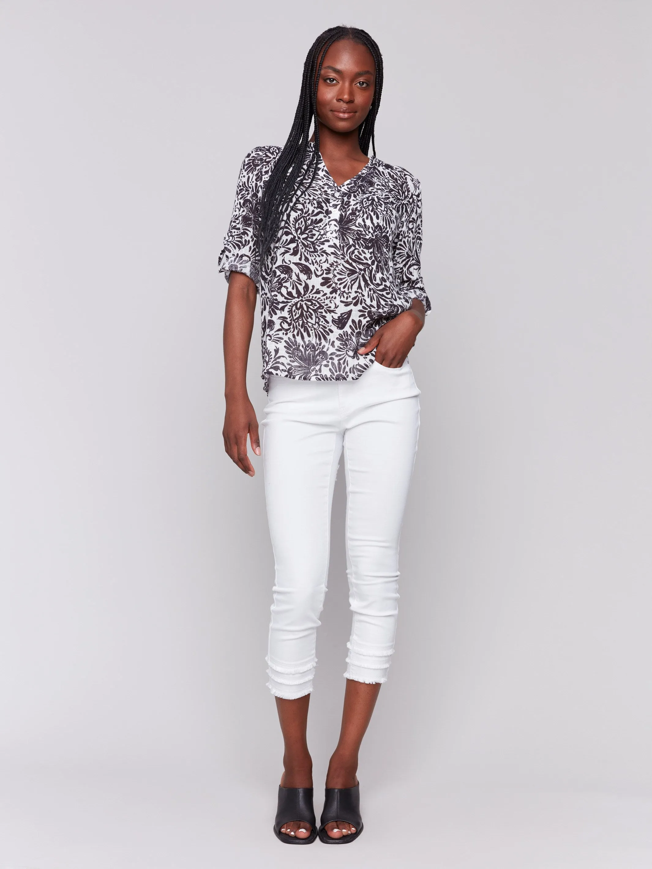Printed Cotton Gauze Half-Button Blouse - Pepper