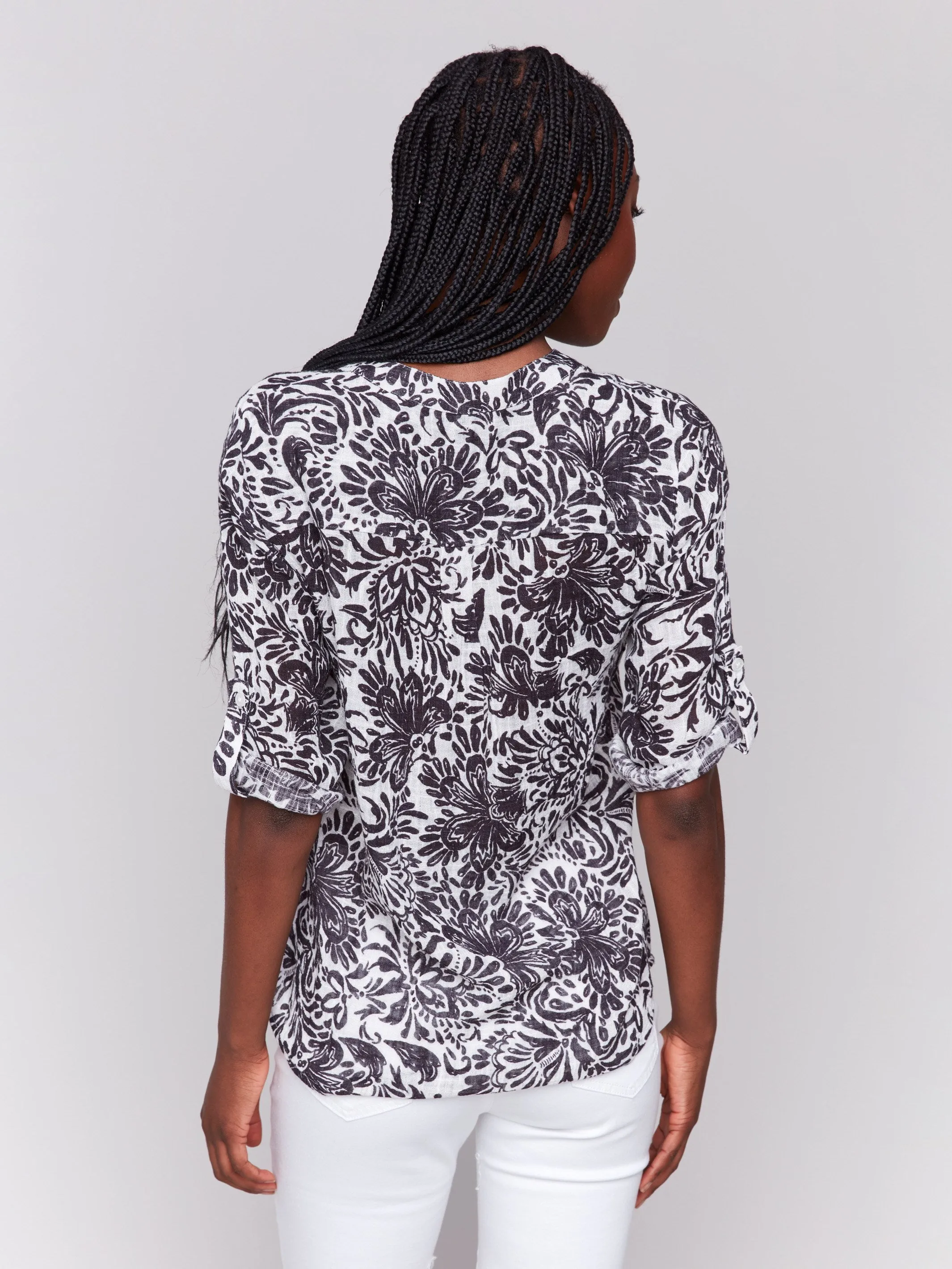 Printed Cotton Gauze Half-Button Blouse - Pepper