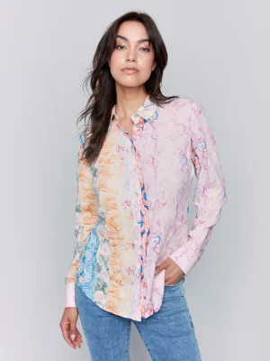 Printed Long Sleeve Button-Up Blouse - Wallpaper