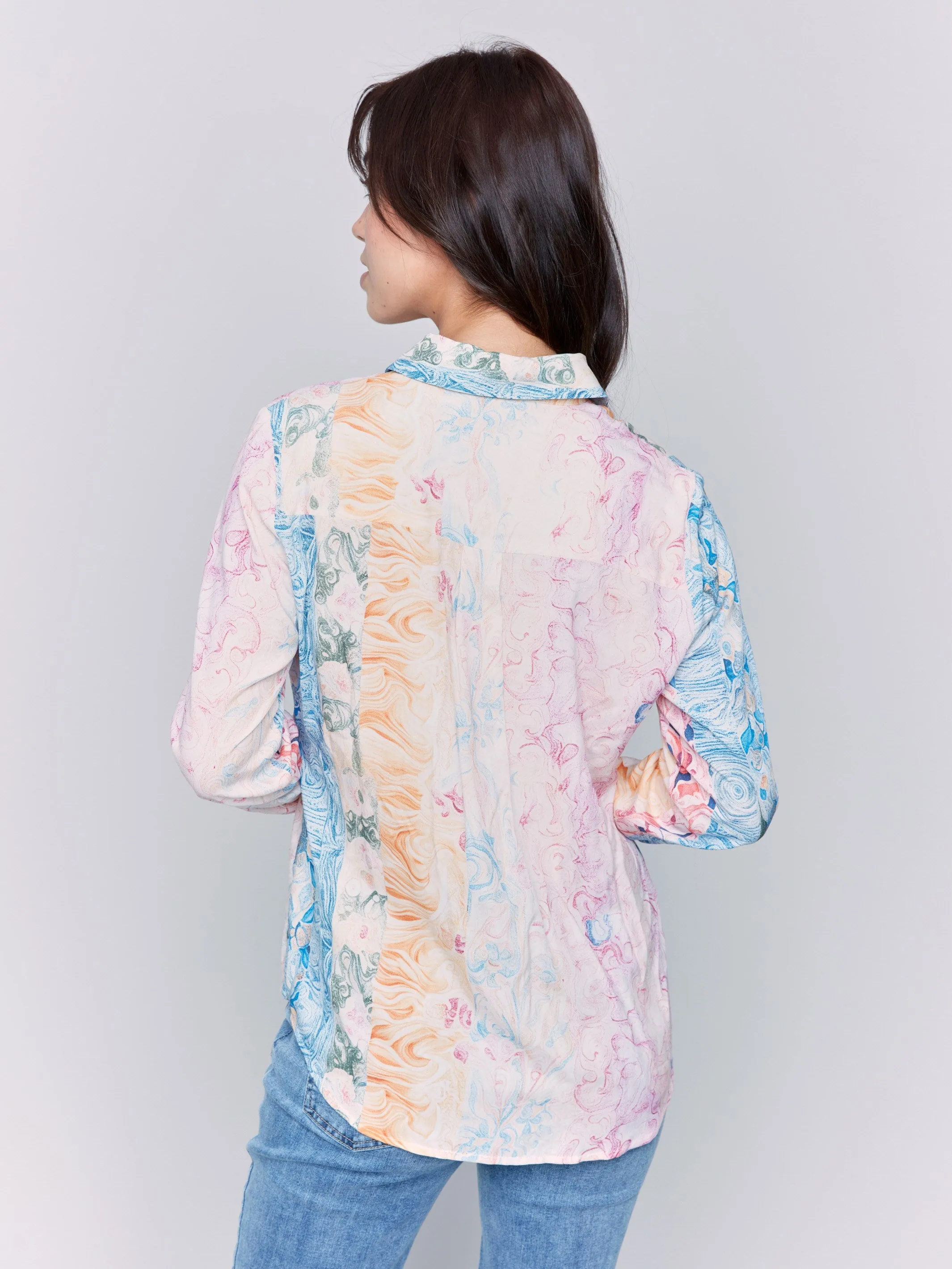 Printed Long Sleeve Button-Up Blouse - Wallpaper