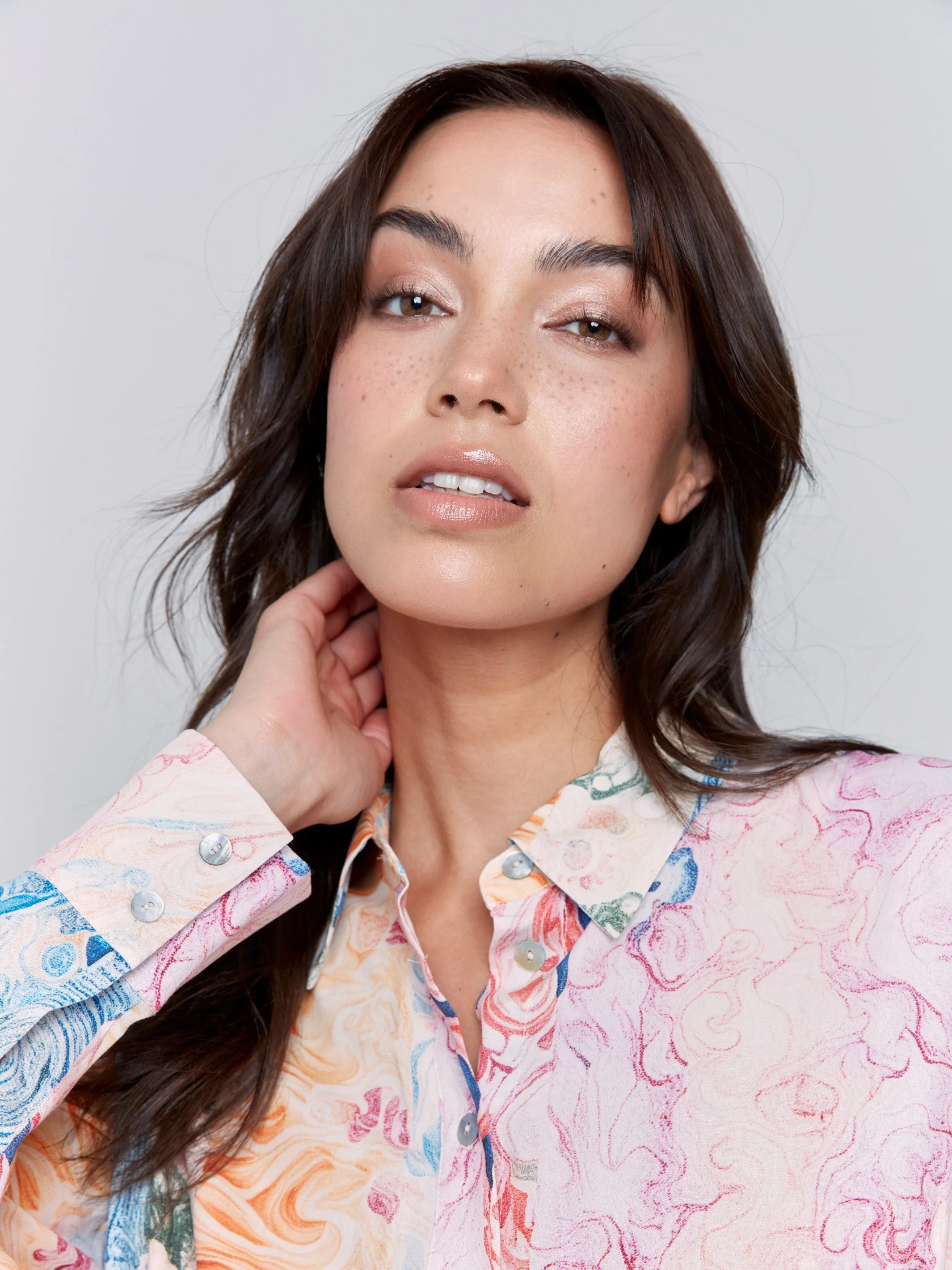 Printed Long Sleeve Button-Up Blouse - Wallpaper