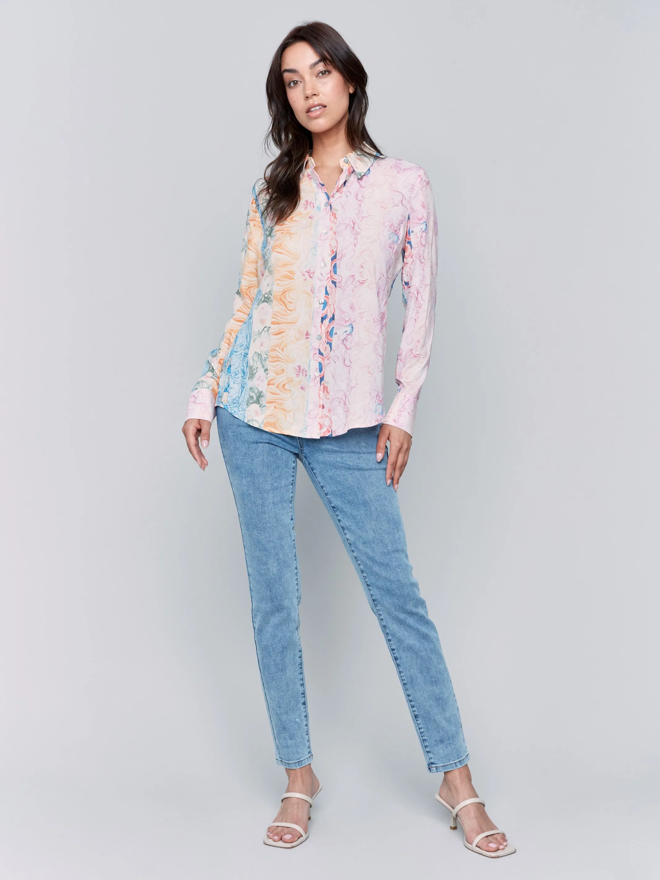 Printed Long Sleeve Button-Up Blouse - Wallpaper