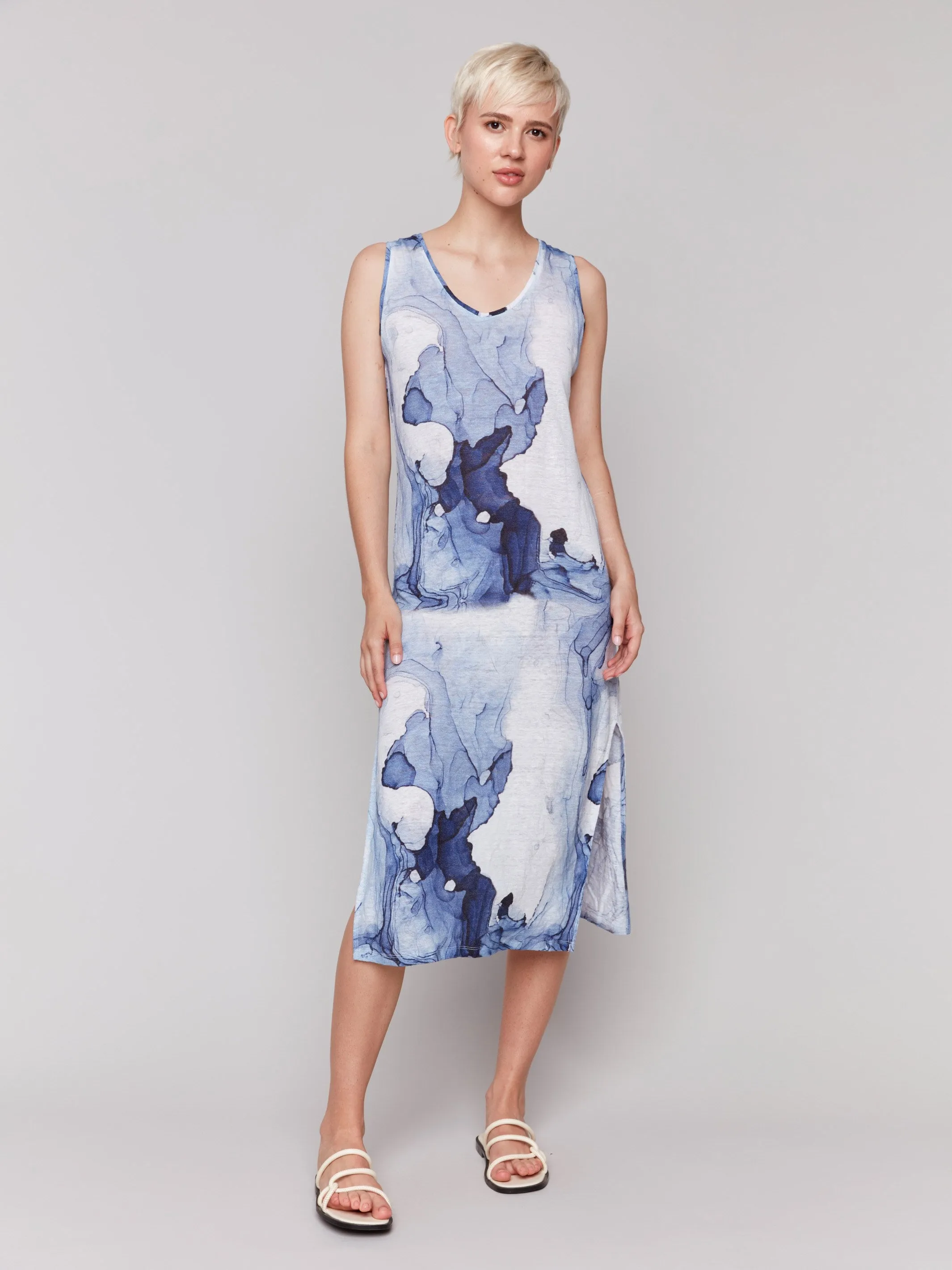 Printed Sleeveless Linen Blend Dress with Side Slits - Ink