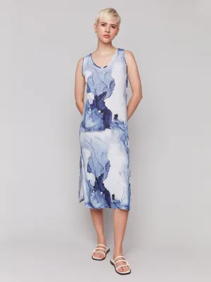 Printed Sleeveless Linen Blend Dress with Side Slits - Ink