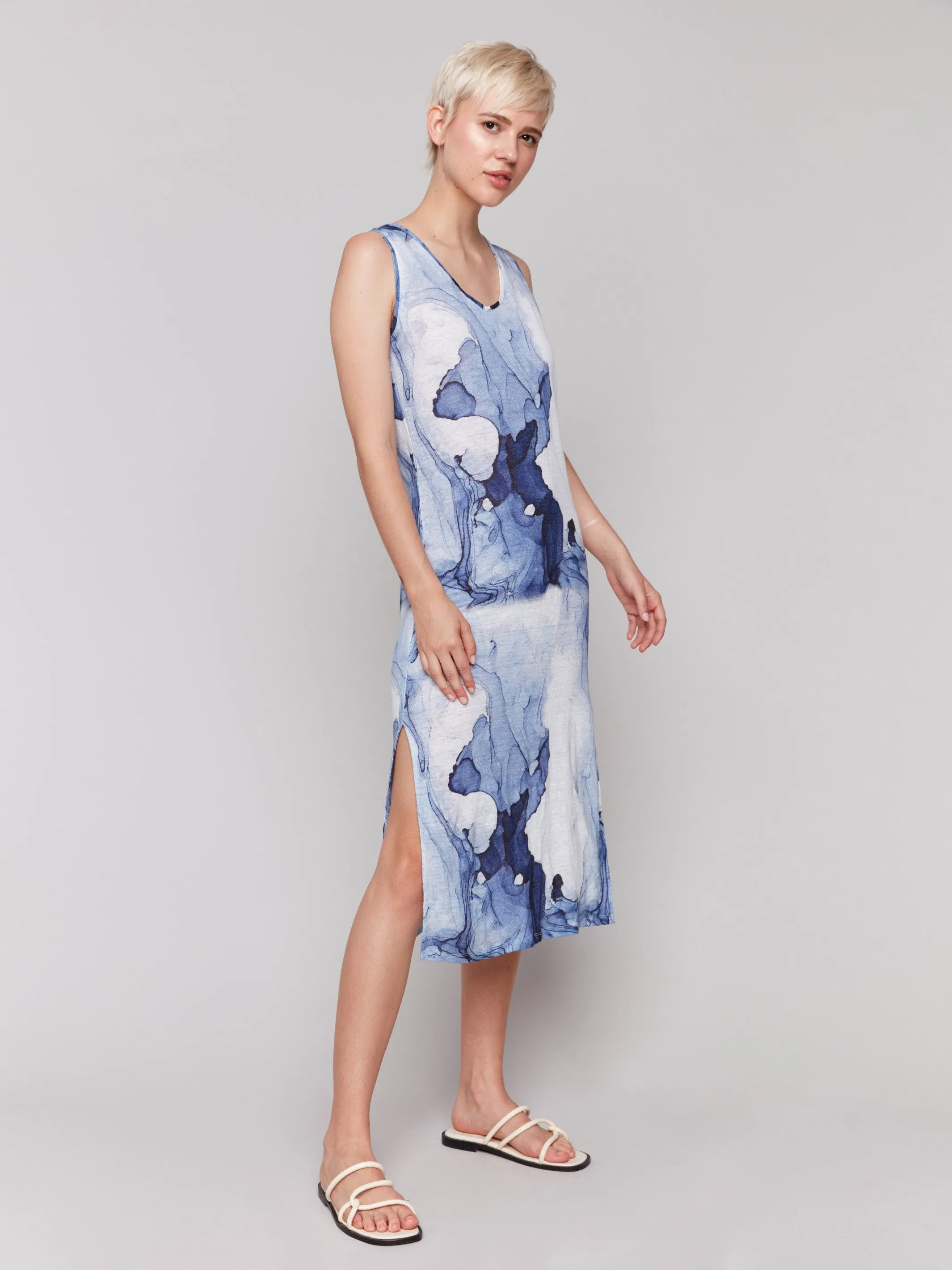 Printed Sleeveless Linen Blend Dress with Side Slits - Ink