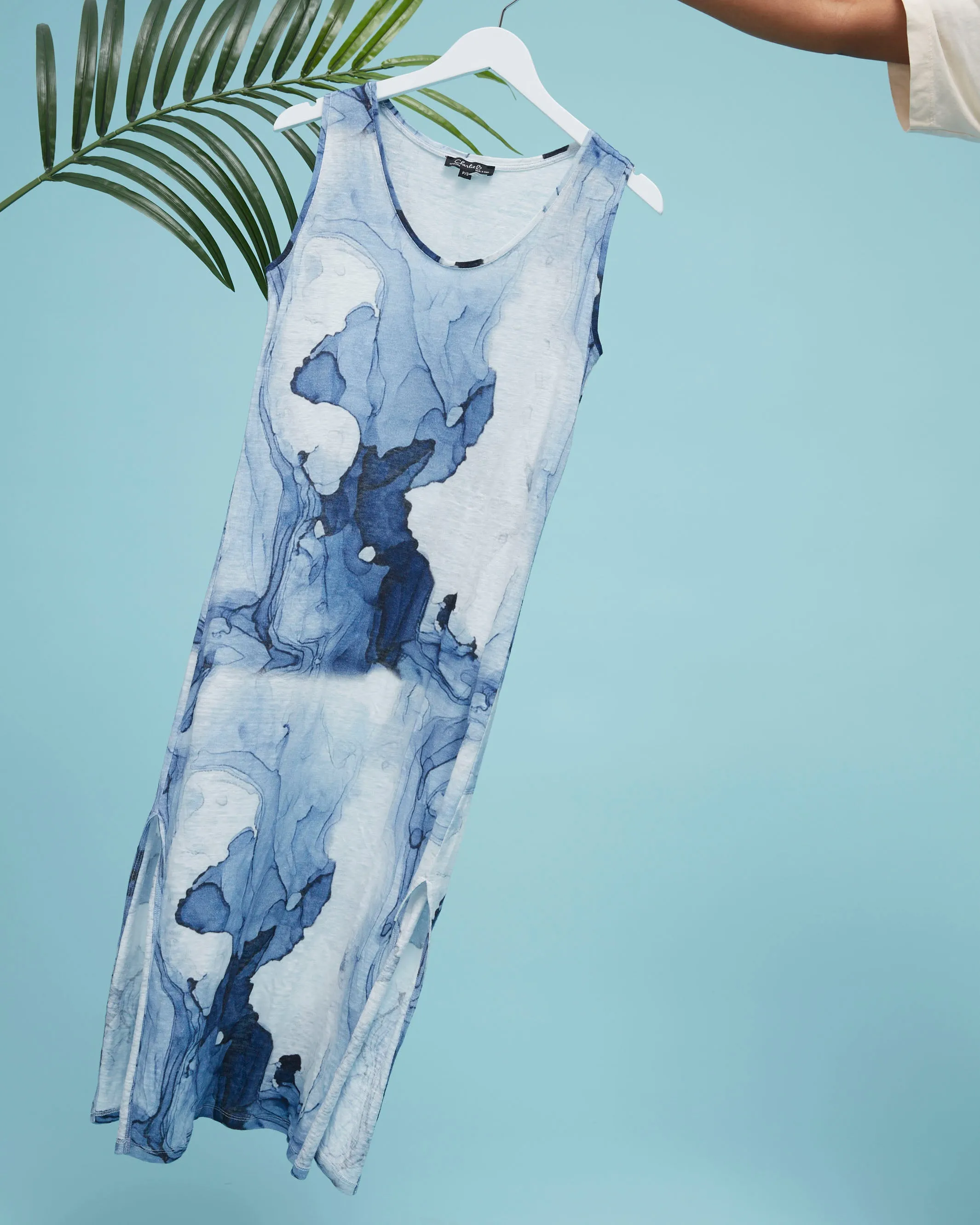 Printed Sleeveless Linen Blend Dress with Side Slits - Ink