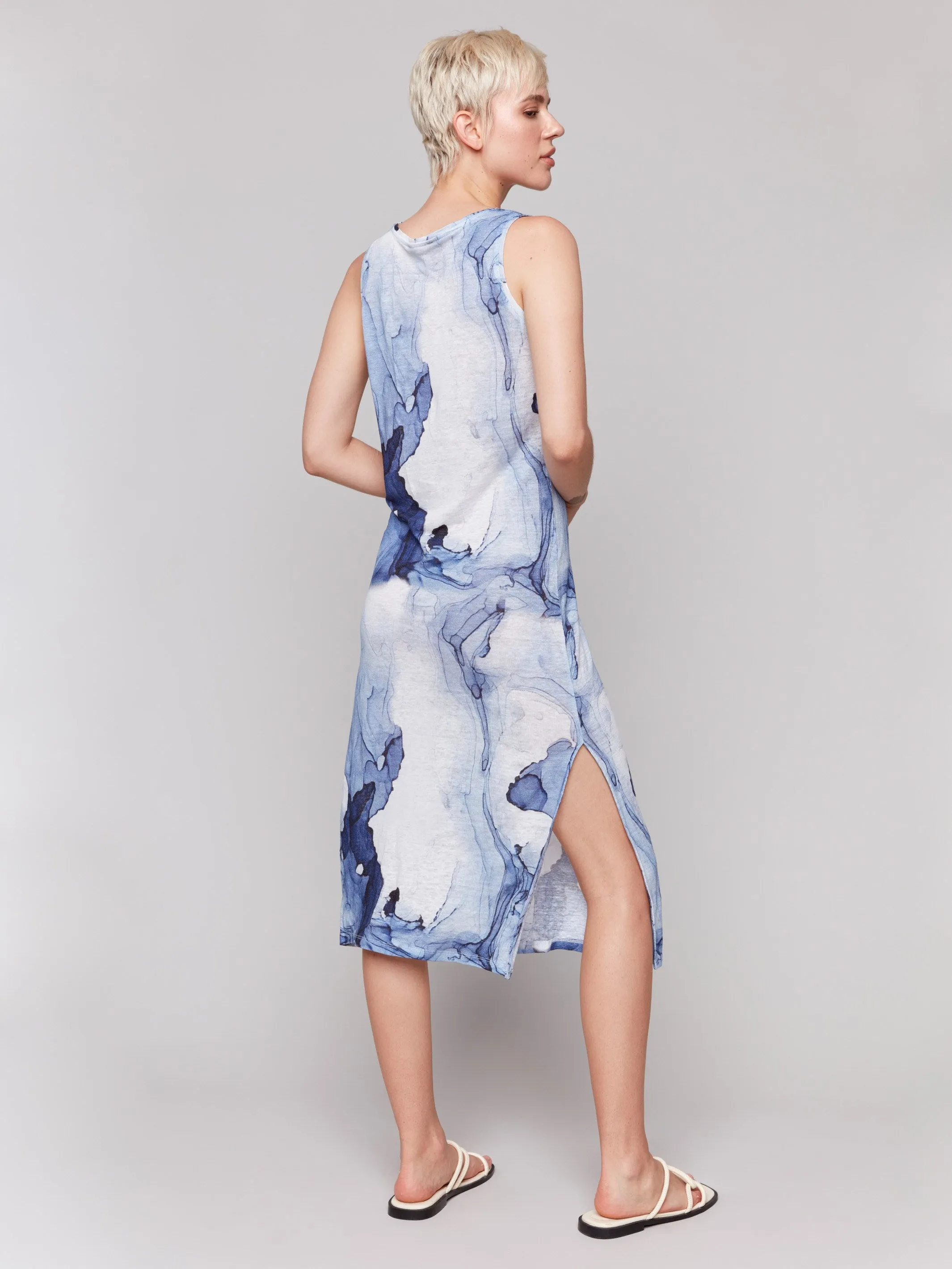 Printed Sleeveless Linen Blend Dress with Side Slits - Ink