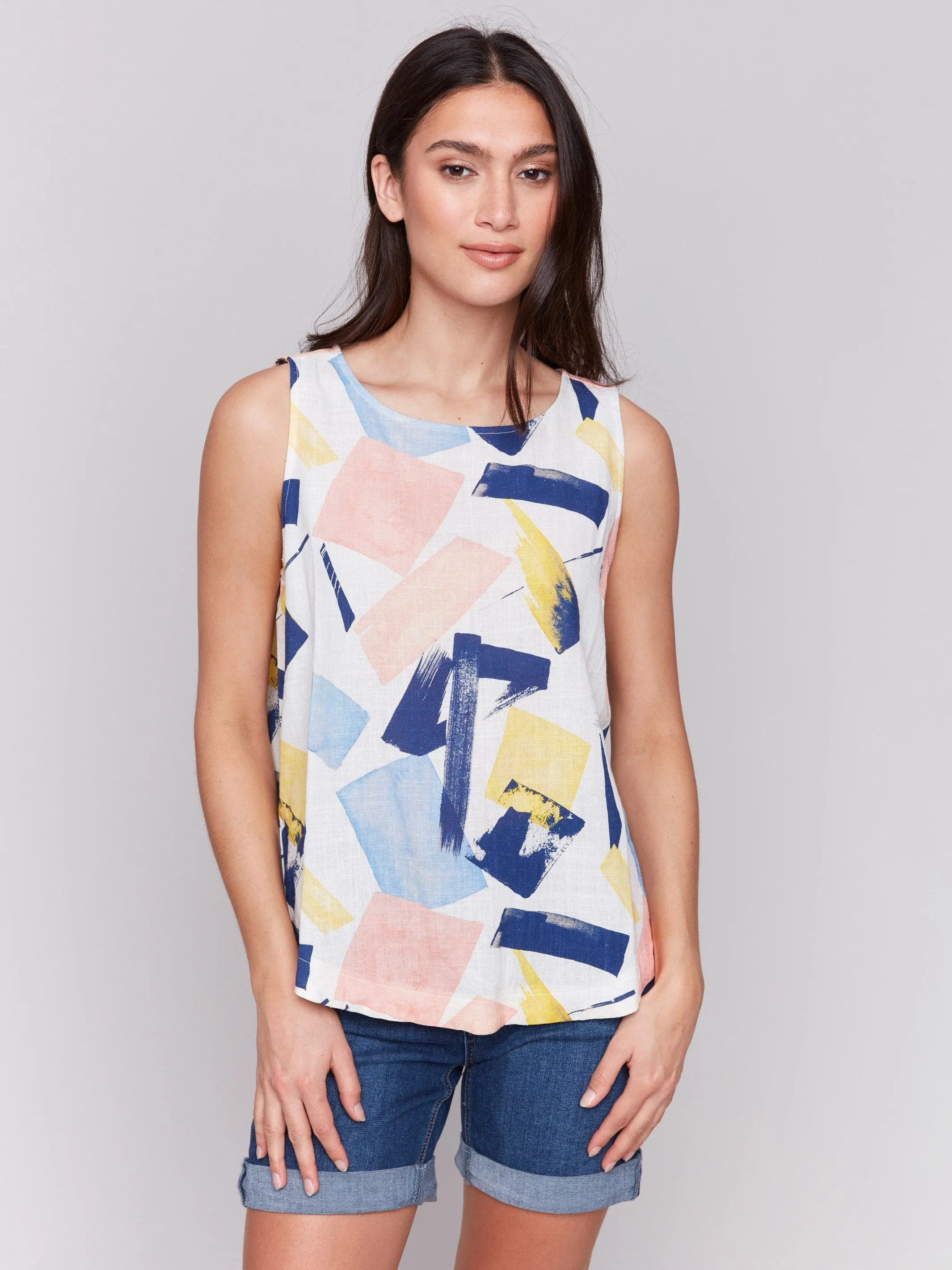 Printed Sleeveless Top with Rounded Hem - Abstract