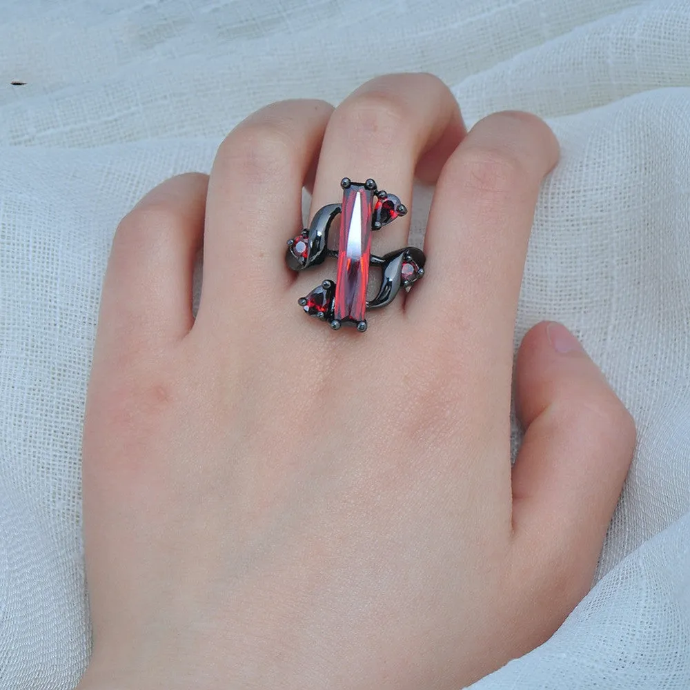 Punk Jewelry S Style Red Zircon Stone Ring Black Gold Filled Unique Party Finger Rings For Women Bohemian Bijoux