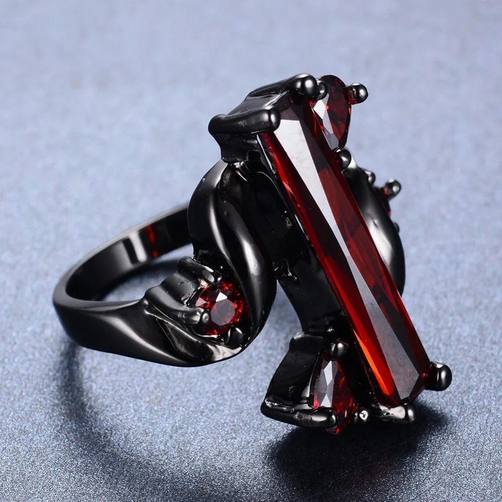 Punk Jewelry S Style Red Zircon Stone Ring Black Gold Filled Unique Party Finger Rings For Women Bohemian Bijoux