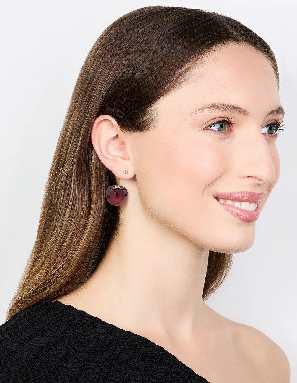 Red Cherry Thread Through Gold Drop Earrings