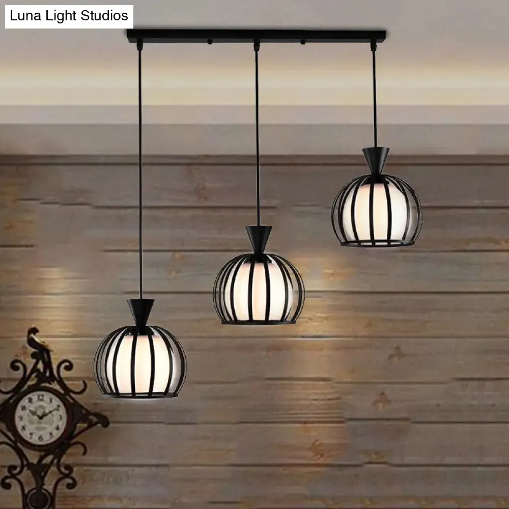 Retro Metal Dome Cage Pendant Light with Milk Glass Shade - 3 Bulb Indoor Hanging Fixture in Black/White