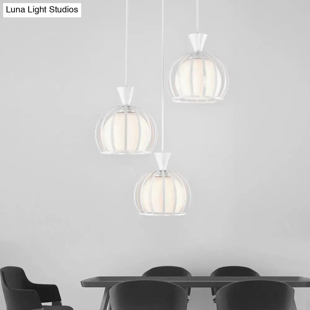 Retro Metal Dome Cage Pendant Light with Milk Glass Shade - 3 Bulb Indoor Hanging Fixture in Black/White