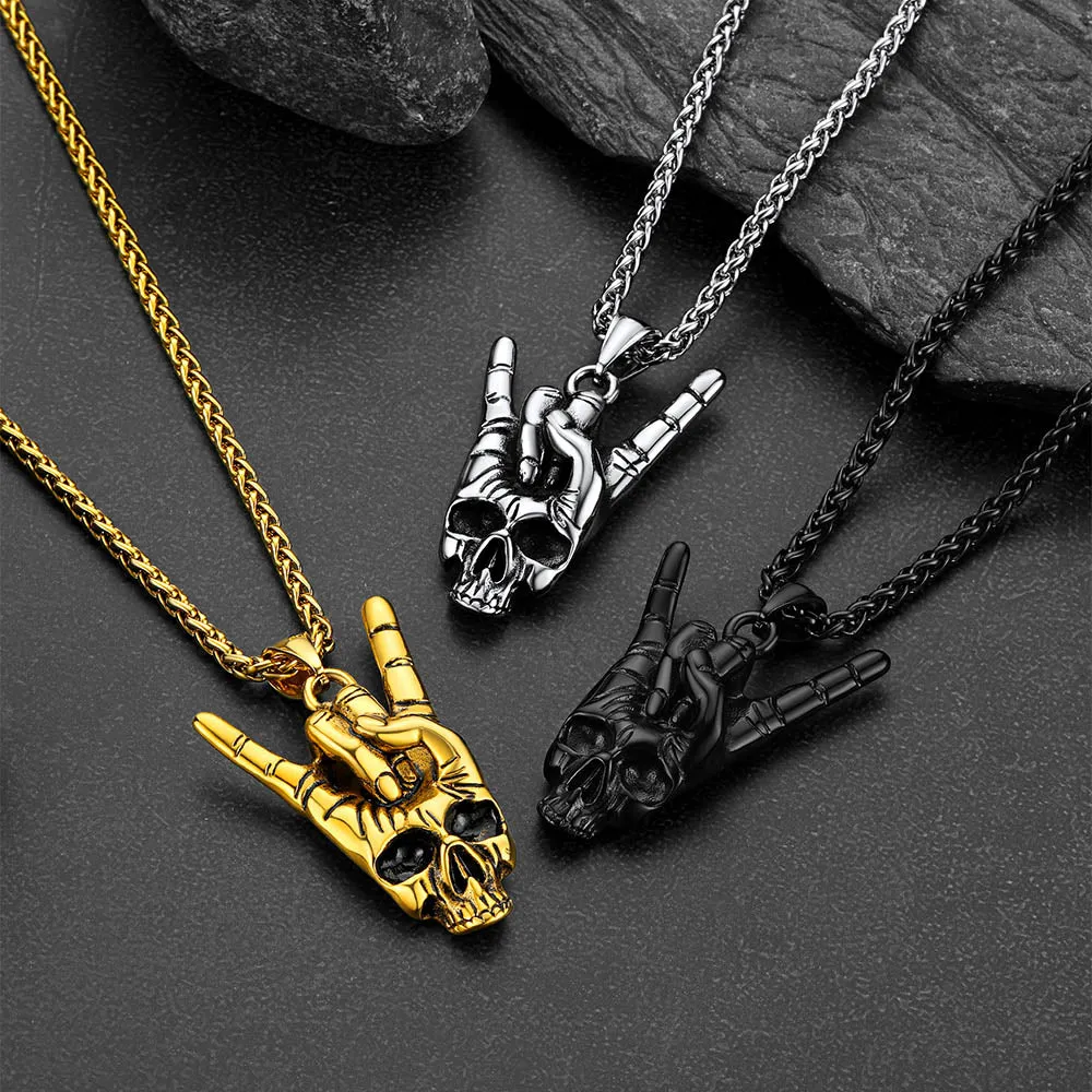 Rock Hand Skeleton Skull Necklace for Men
