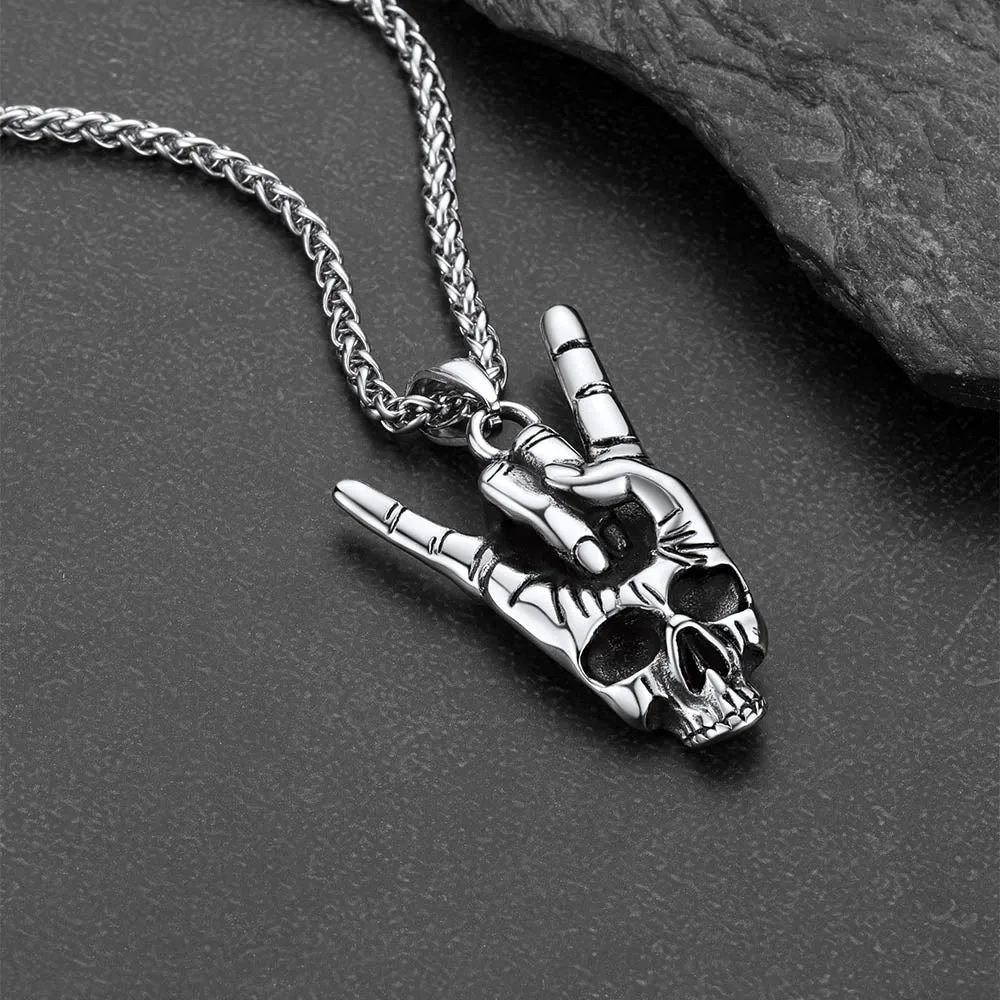 Rock Hand Skeleton Skull Necklace for Men