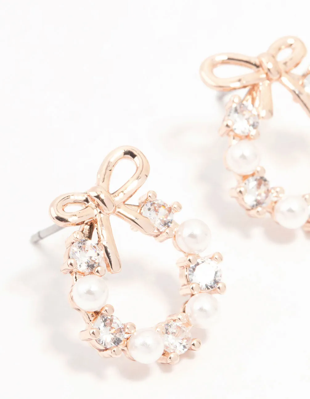 Rose Gold Plated Alternating Cubic Zirconia & Freshwater Pearl Bow Stud Earrings