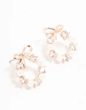 Rose Gold Plated Alternating Cubic Zirconia & Freshwater Pearl Bow Stud Earrings