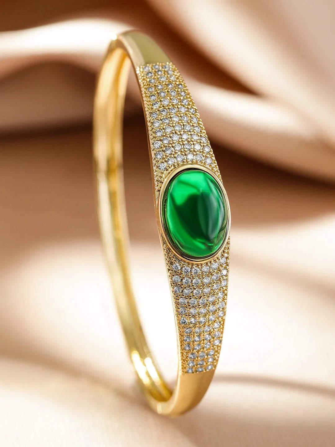 Rubans 22K Gold-Plated Demi-Fine Green Stone & White Cubic Zirconia Studded Bracelet