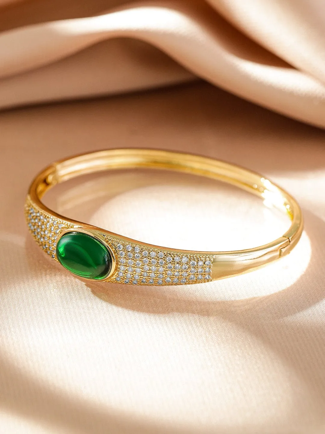 Rubans 22K Gold-Plated Demi-Fine Green Stone & White Cubic Zirconia Studded Bracelet