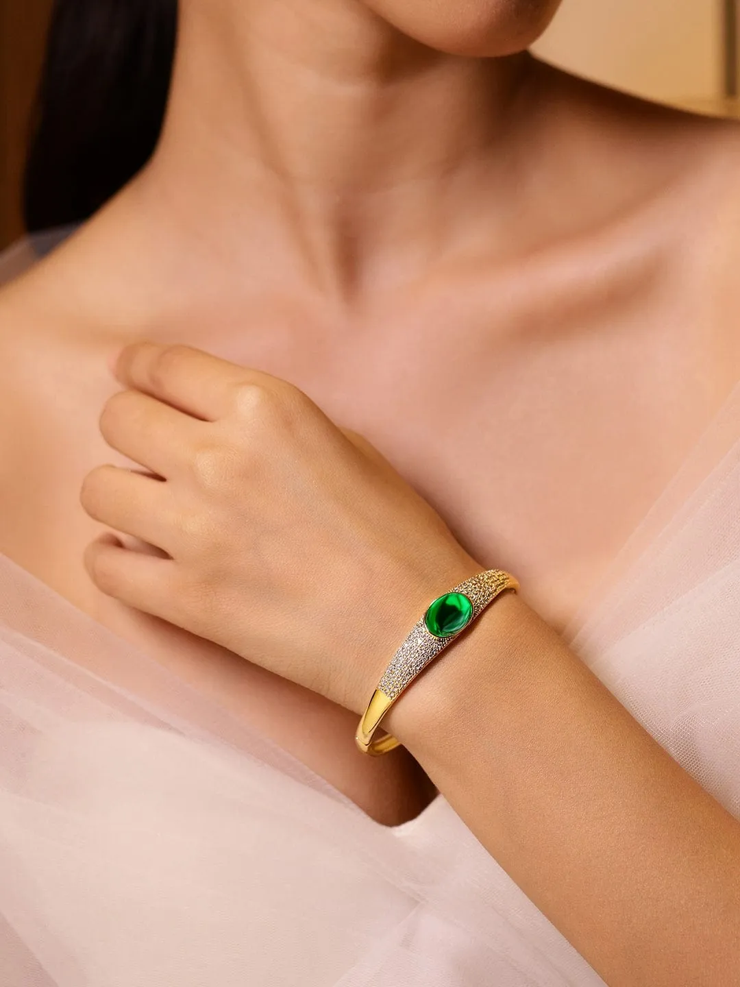 Rubans 22K Gold-Plated Demi-Fine Green Stone & White Cubic Zirconia Studded Bracelet