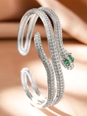 Rubans Rhodium-Plated Double Snake-Design Emerald & Cubic Zirconia Studded Openable Demi-Fine Bracelet