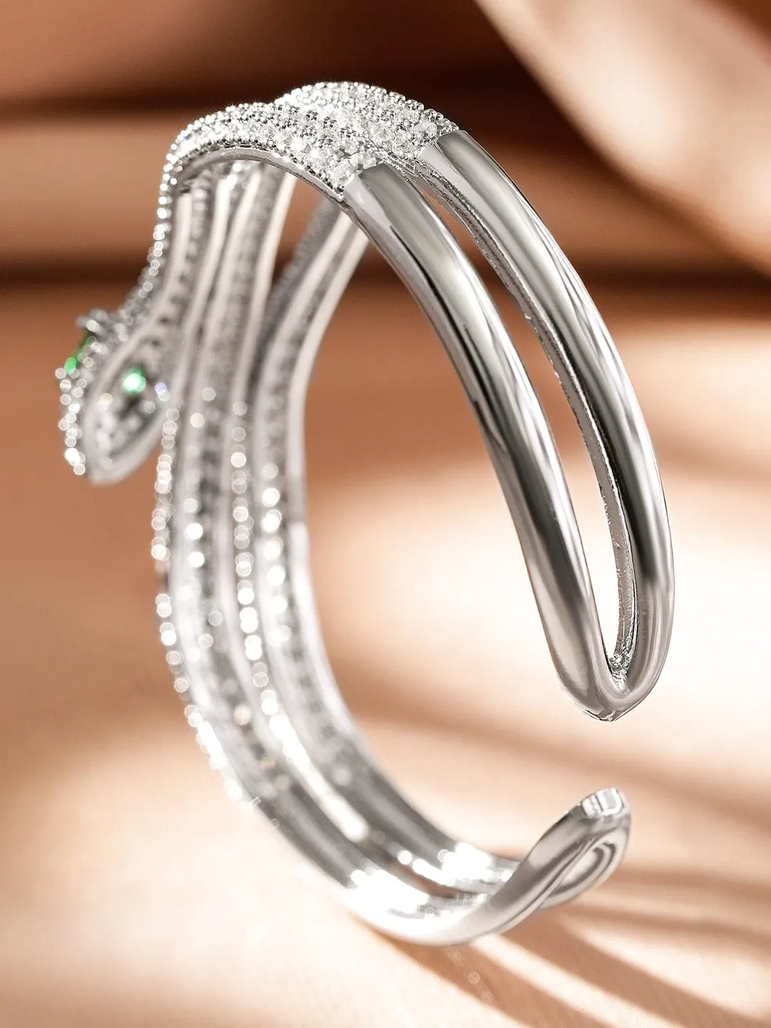 Rubans Rhodium-Plated Double Snake-Design Emerald & Cubic Zirconia Studded Openable Demi-Fine Bracelet