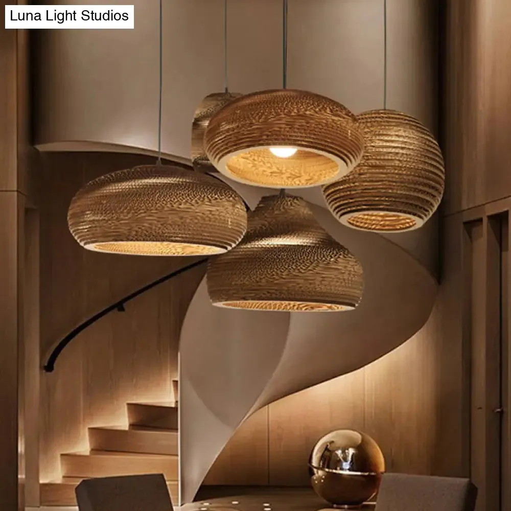 Rustic Brown Corrugated Paper Pendant Light for Dining Room - Globe/Oval/Vase Design