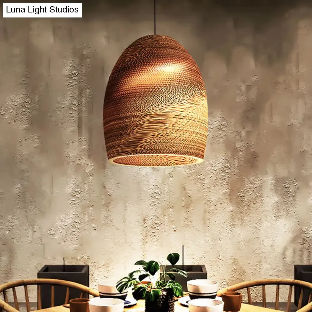 Rustic Brown Corrugated Paper Pendant Light for Dining Room - Globe/Oval/Vase Design