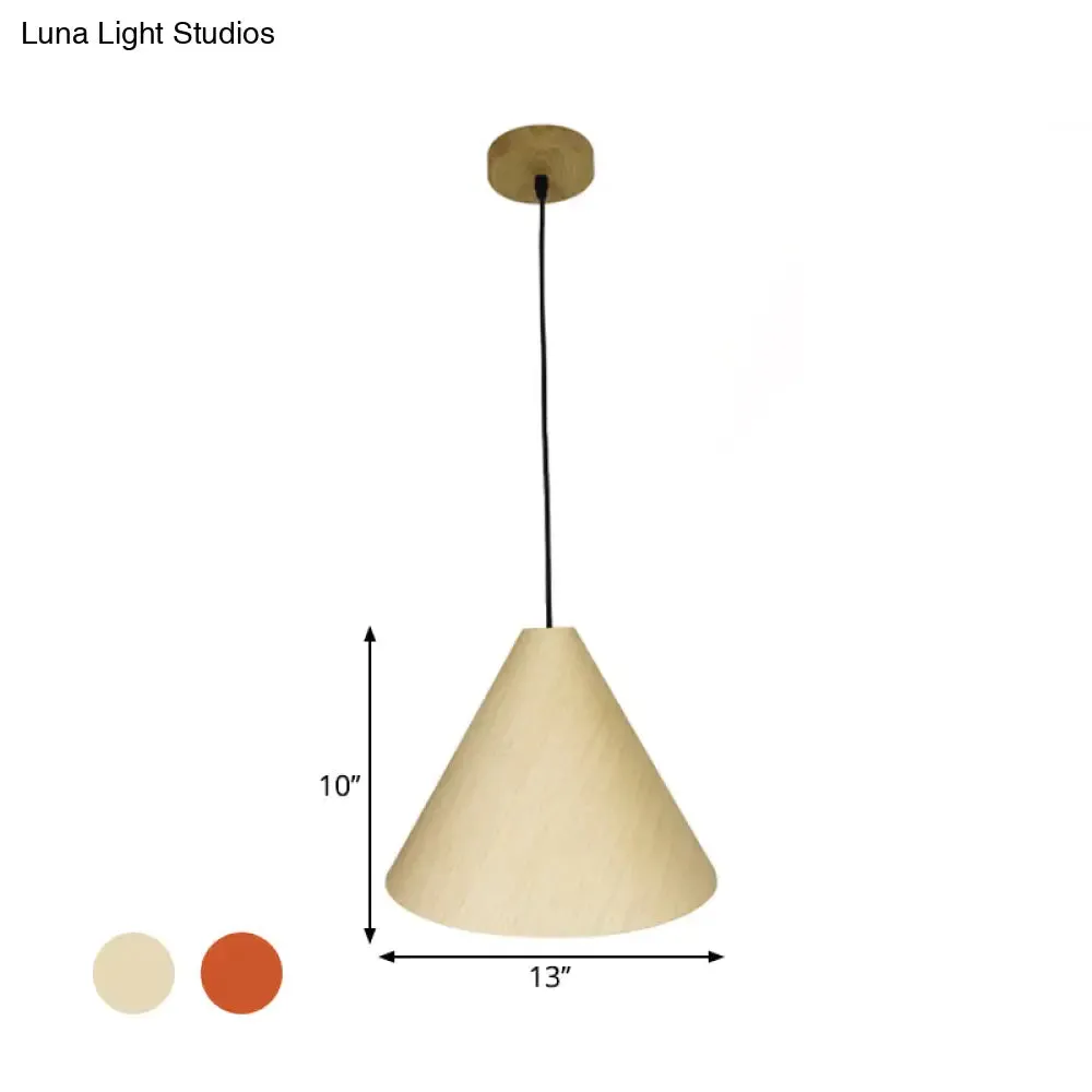 Rustic Red/Beige Hanging Lamp with Conic Wood Shade - 10"/13" Wide