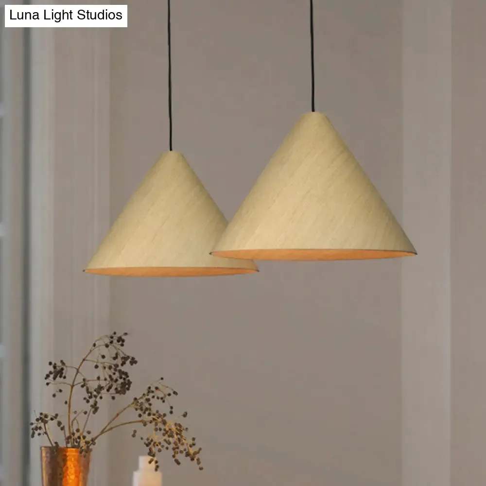 Rustic Red/Beige Hanging Lamp with Conic Wood Shade - 10"/13" Wide