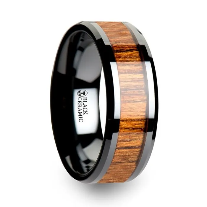 SAGON | Black Ceramic Ring, Teak Wood Inlay, Beveled