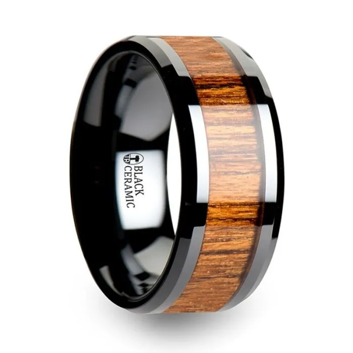 SAGON | Black Ceramic Ring, Teak Wood Inlay, Beveled
