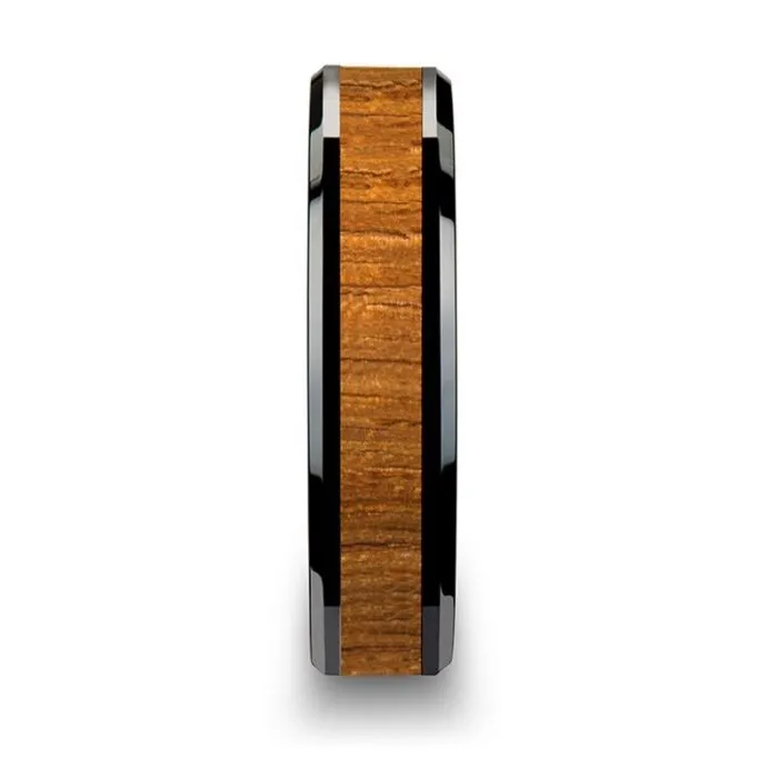 SAGON | Black Ceramic Ring, Teak Wood Inlay, Beveled