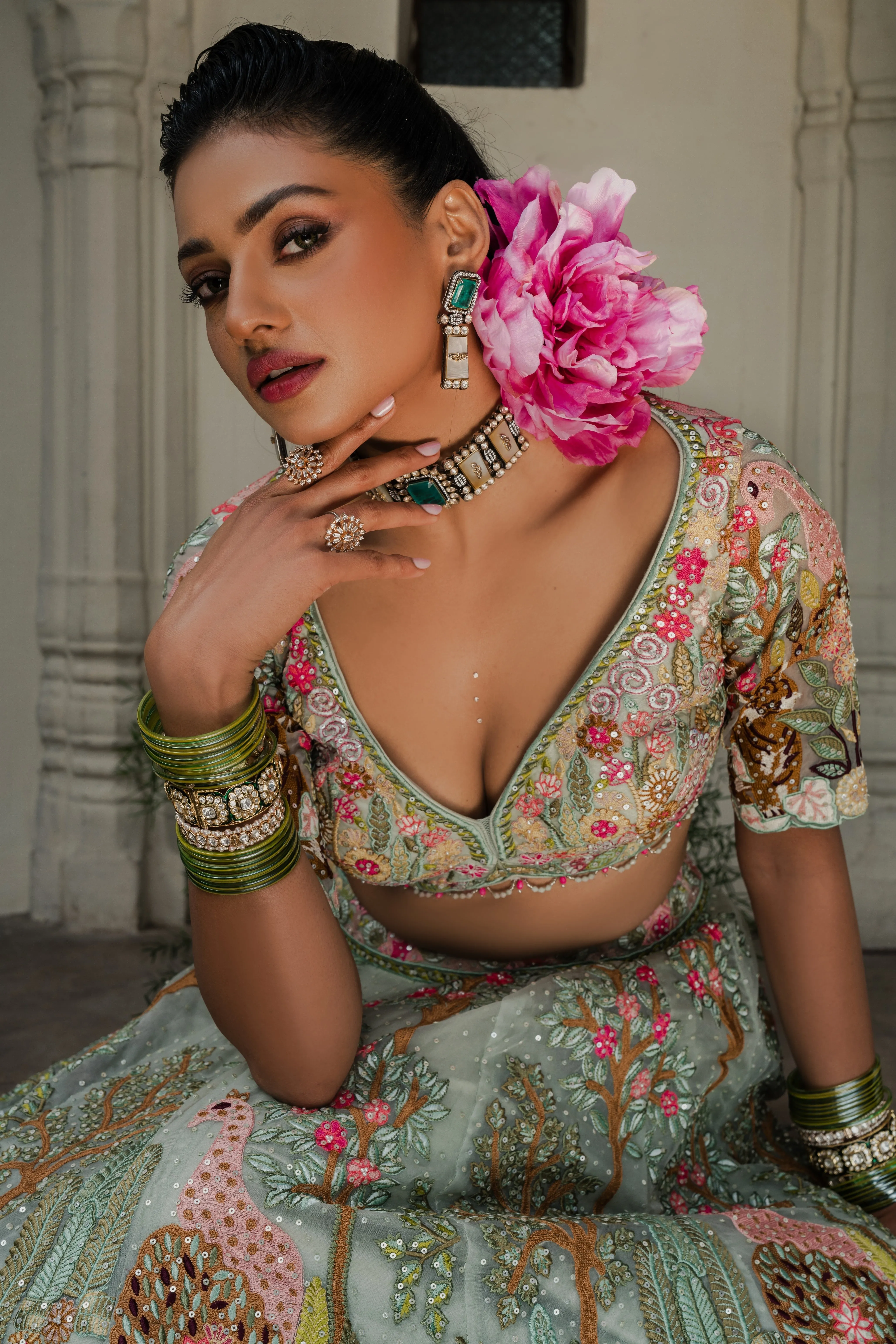 Sea Green Organza Lehenga with Thread &Sequin Embroidery