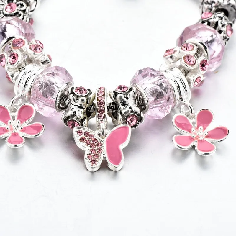 Silver Flower & Butterfly Crystal Vintage Charm Bracelet