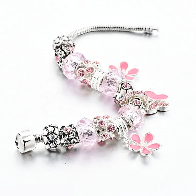 Silver Flower & Butterfly Crystal Vintage Charm Bracelet