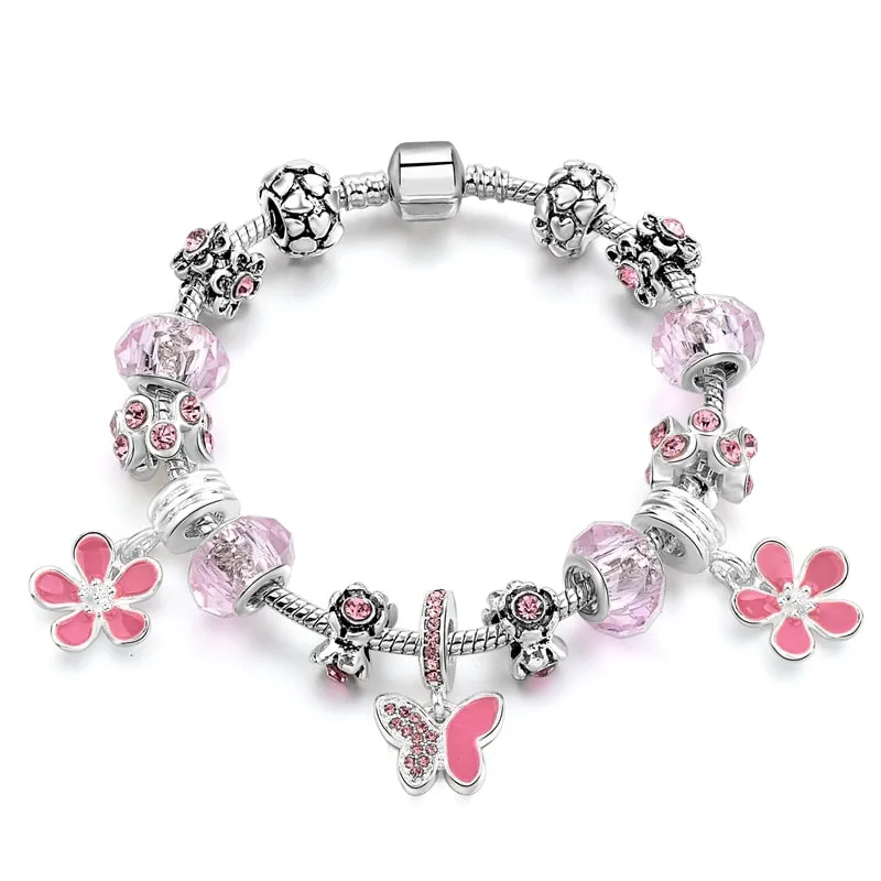 Silver Flower & Butterfly Crystal Vintage Charm Bracelet