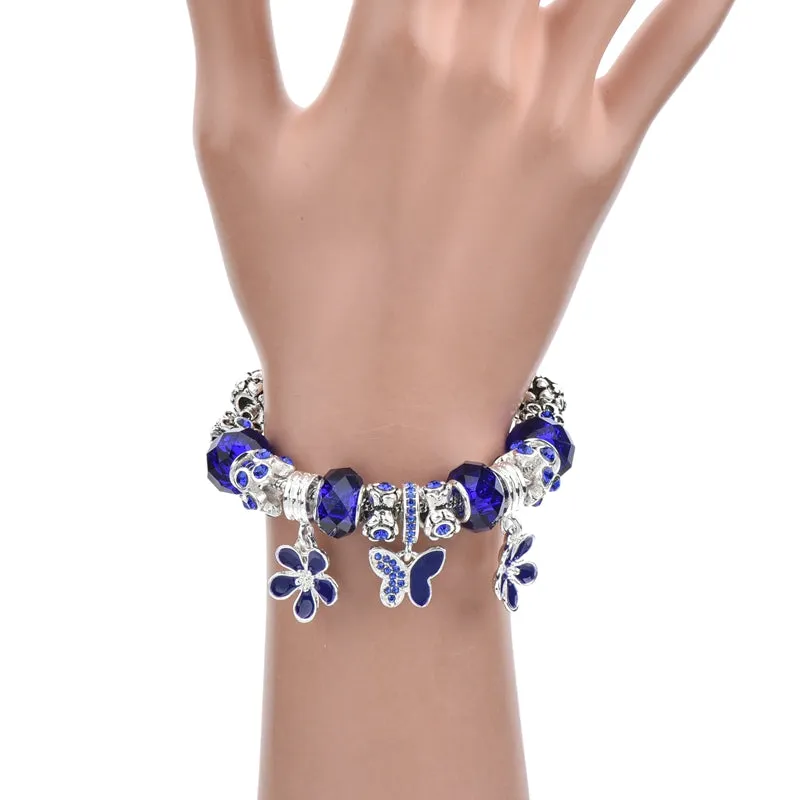 Silver Flower & Butterfly Crystal Vintage Charm Bracelet