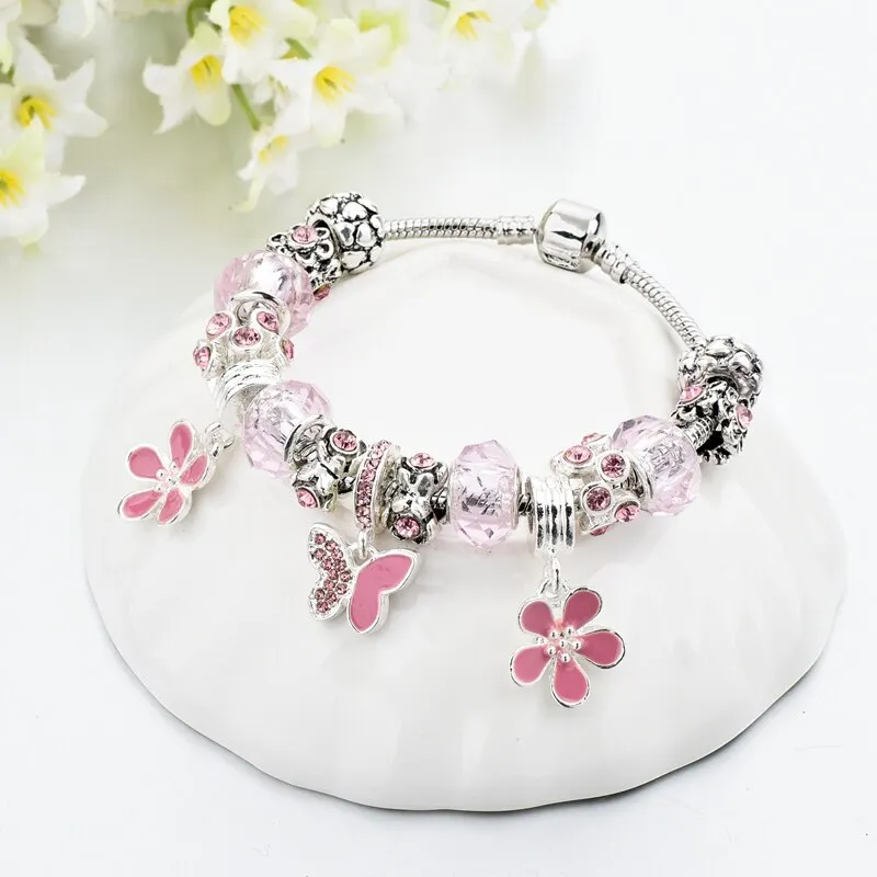 Silver Flower & Butterfly Crystal Vintage Charm Bracelet