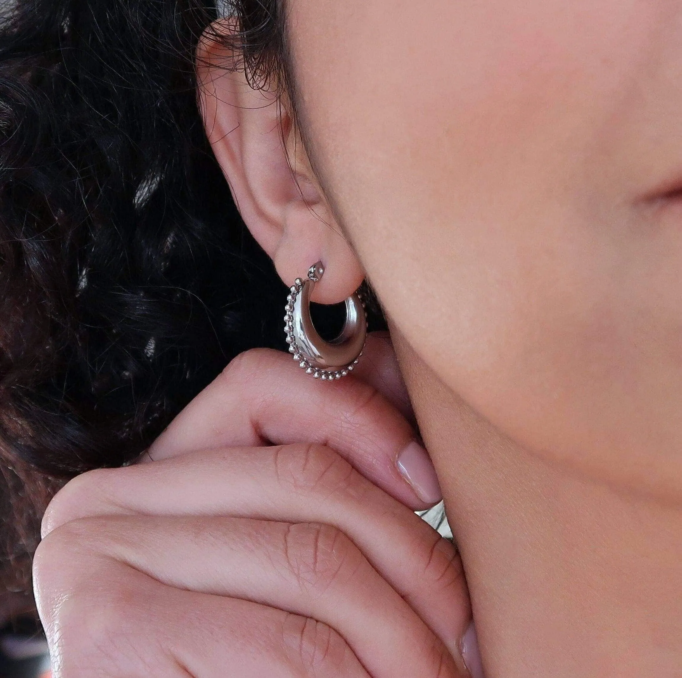Silver Stainless Steel Thick Crescent Moon with Orbs Hoop Earrings