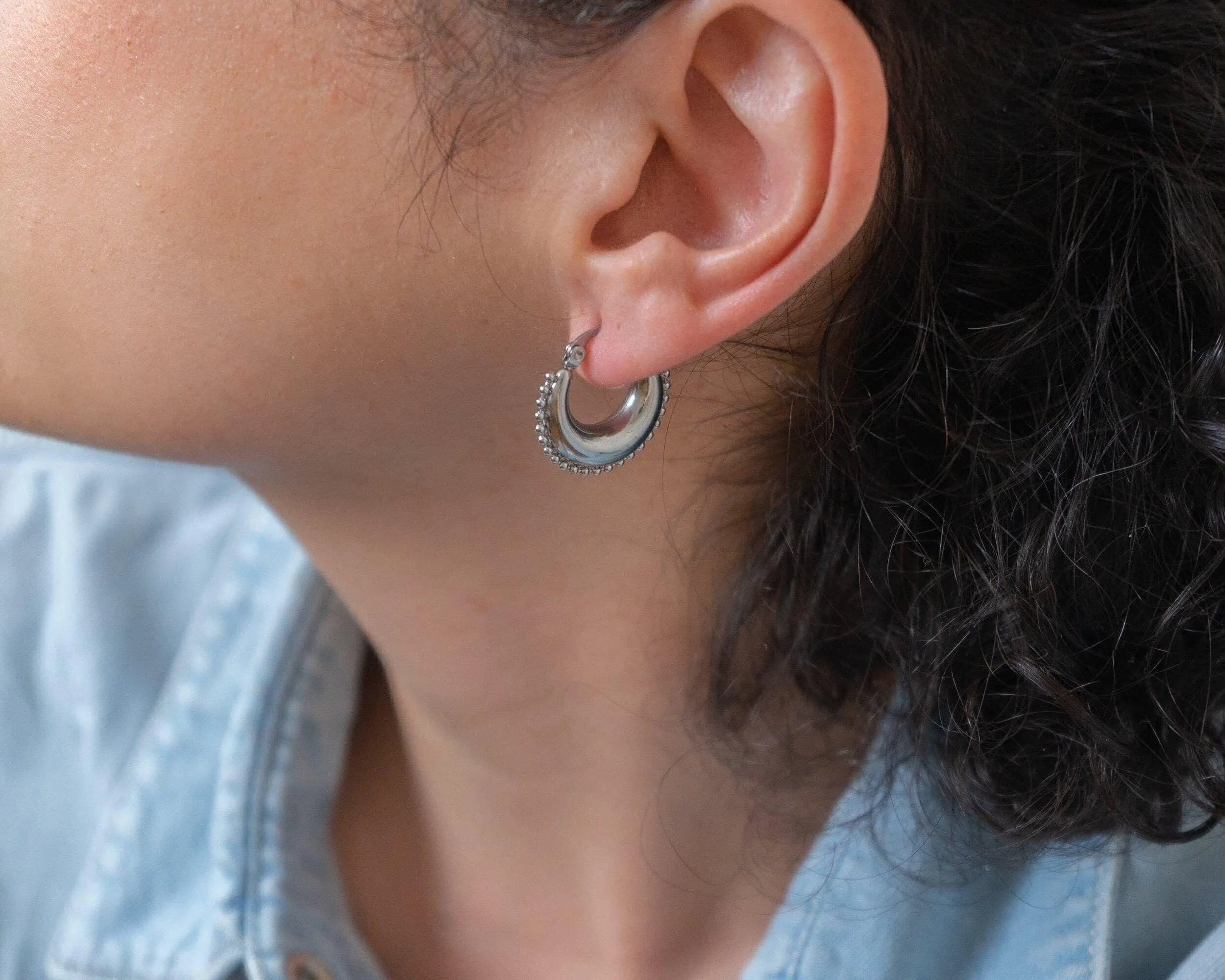 Silver Stainless Steel Thick Crescent Moon with Orbs Hoop Earrings