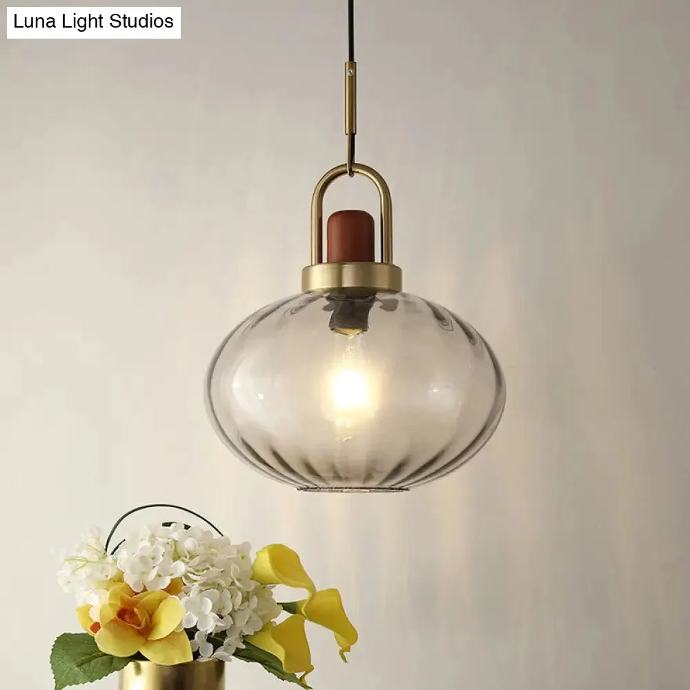 Simple Brown and Gold Bedroom Pendant Hanging Lamp with Oval Smoke Gray Water Glass Shade - 1 Light