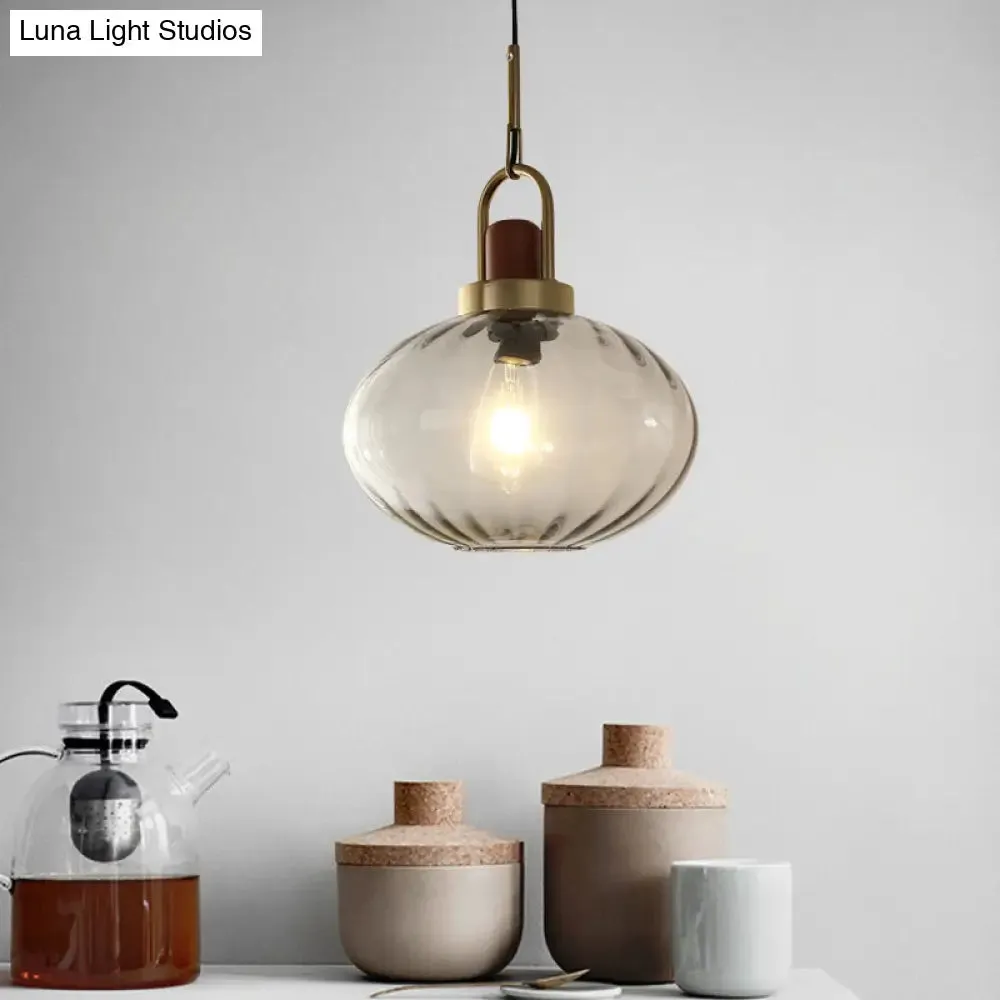 Simple Brown and Gold Bedroom Pendant Hanging Lamp with Oval Smoke Gray Water Glass Shade - 1 Light