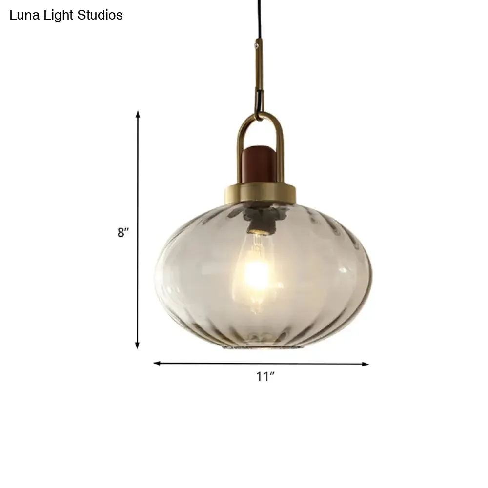 Simple Brown and Gold Bedroom Pendant Hanging Lamp with Oval Smoke Gray Water Glass Shade - 1 Light