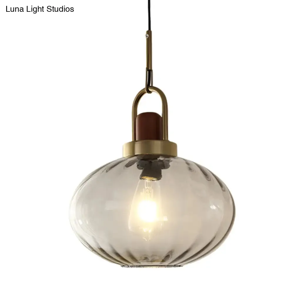 Simple Brown and Gold Bedroom Pendant Hanging Lamp with Oval Smoke Gray Water Glass Shade - 1 Light
