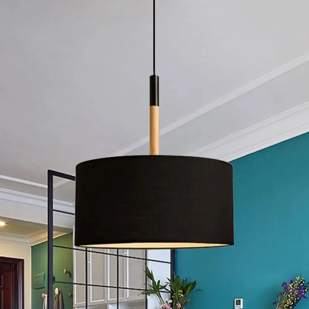 Simple Drum Pendant Light Kit - Fabric Shade, 1 Light, 10"/16" Dia in White/Black